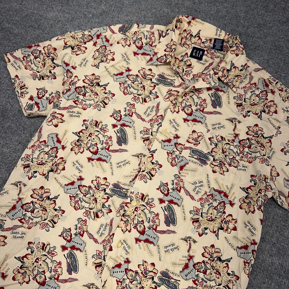 Vintage Gap Shirt Mens Medium Tan South Seas Map Print Cotton Hawaiian Button Up